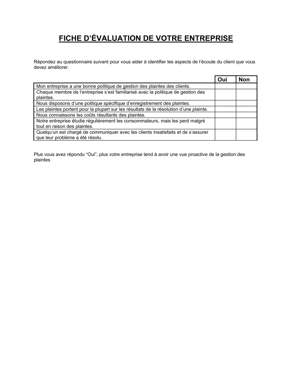 Business-in-a-Box's Fiche d'évaluation de la capacité de gestion des plaintes