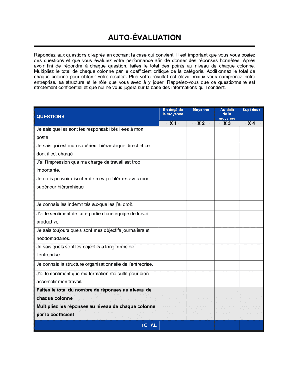 Fiche d'auto-évaluation Modèle | Free Word Download