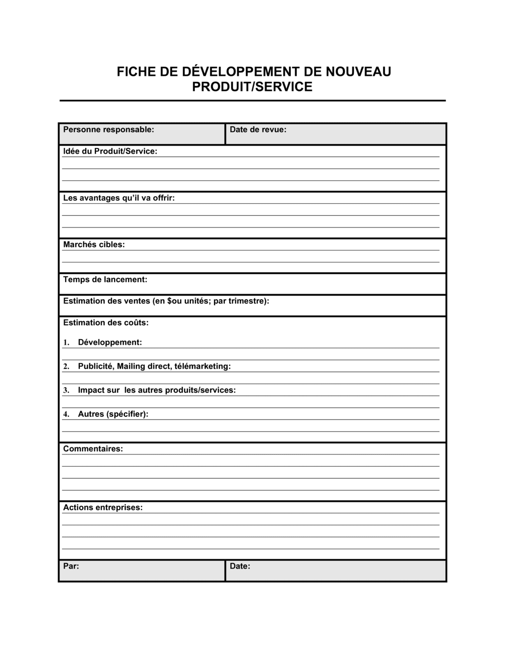 Business-in-a-Box's Fiche de développement d'un nouveau produit ou service