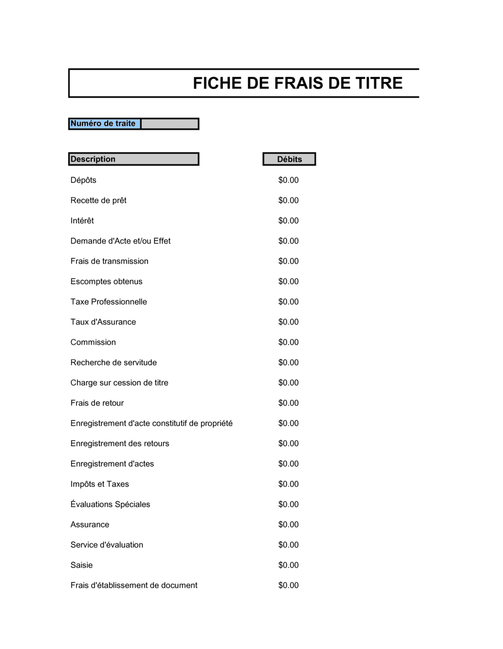 Business-in-a-Box's Fiche de frais de traite