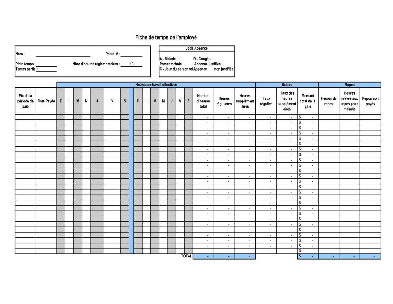 Business-in-a-Box's Fiche de temps de l'employé