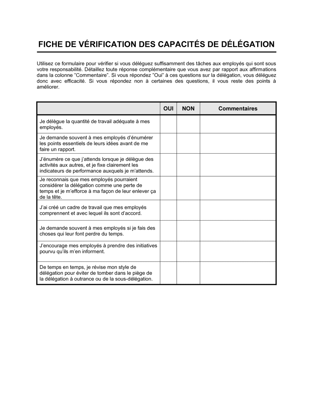 Business-in-a-Box's Fiche de vérification des capacités de délégation