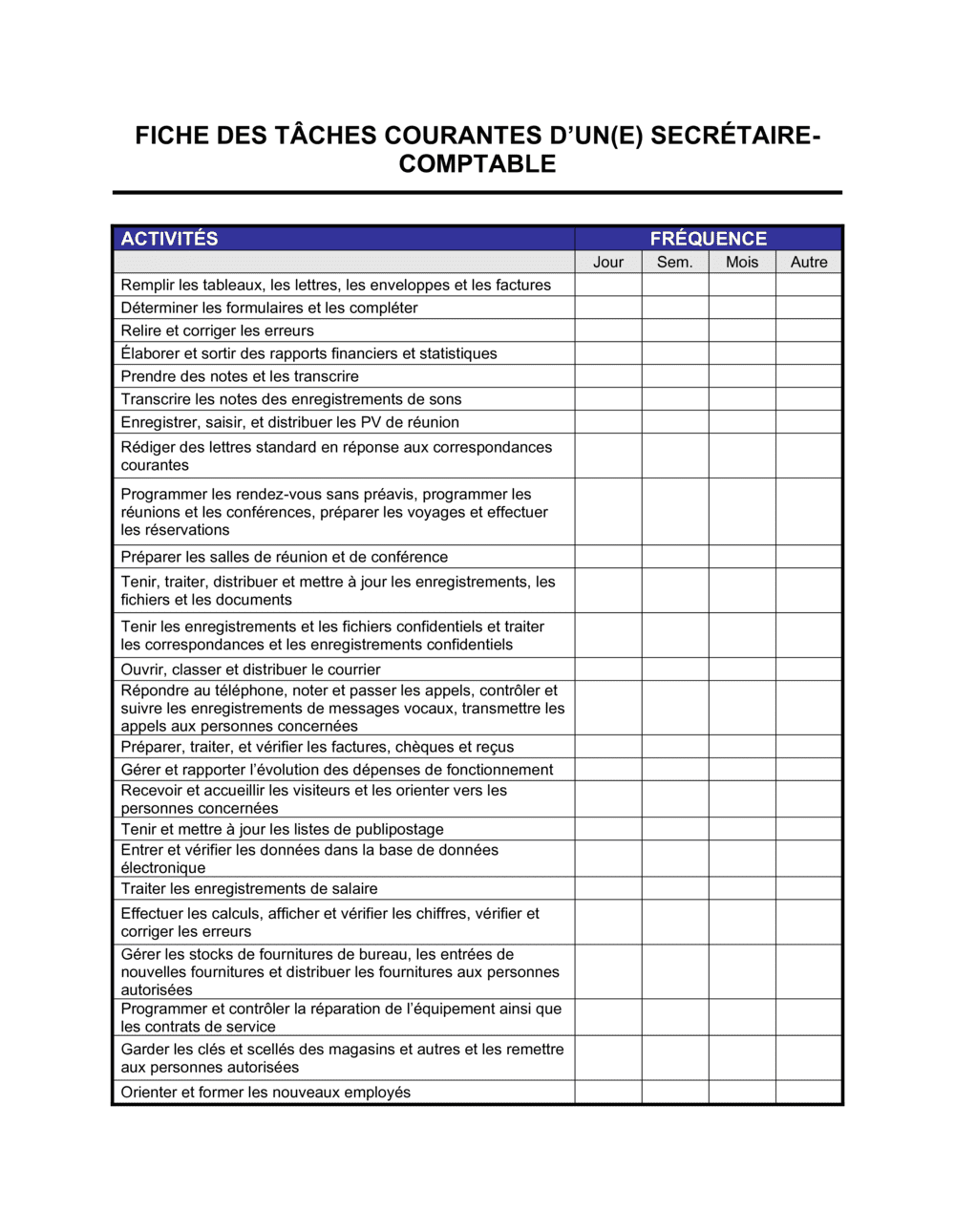 Business-in-a-Box's Fiche des tâches habituelles d'un(e) secrétaire-comptable