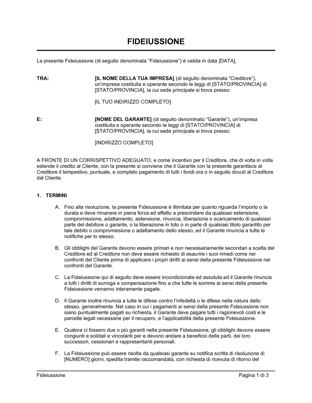 Business-in-a-Box's Fideiussione