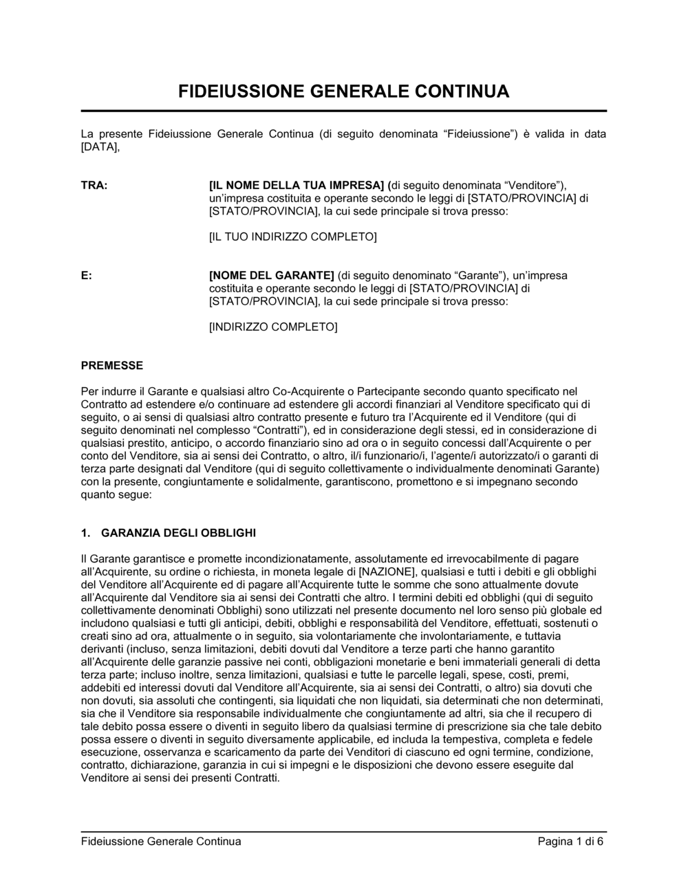 Business-in-a-Box's Fideiussione generale continua