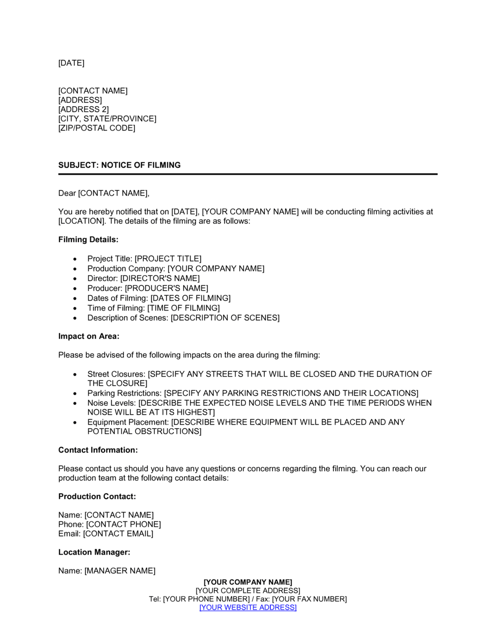 Business-in-a-Box's Filming Notice Template