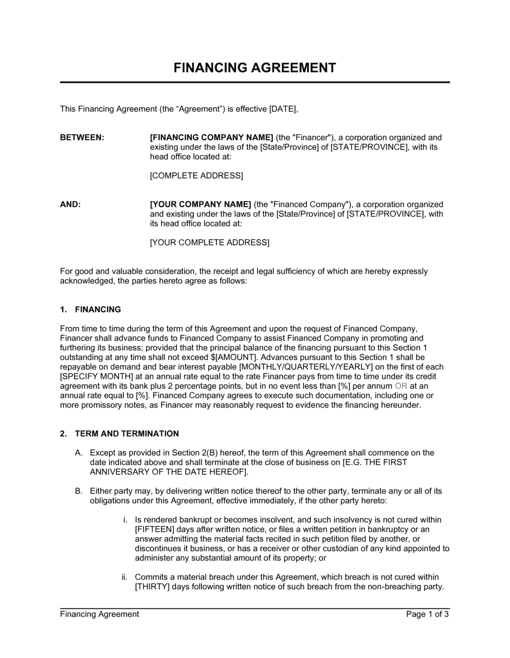 Financing Agreement Template  by Business-in-a-Box™ Inside trade finance loan agreement template
