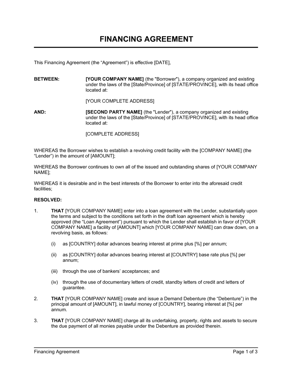 Financing Agreement Short Template  by Business-in-a-Box™ With revolving credit facility agreement template