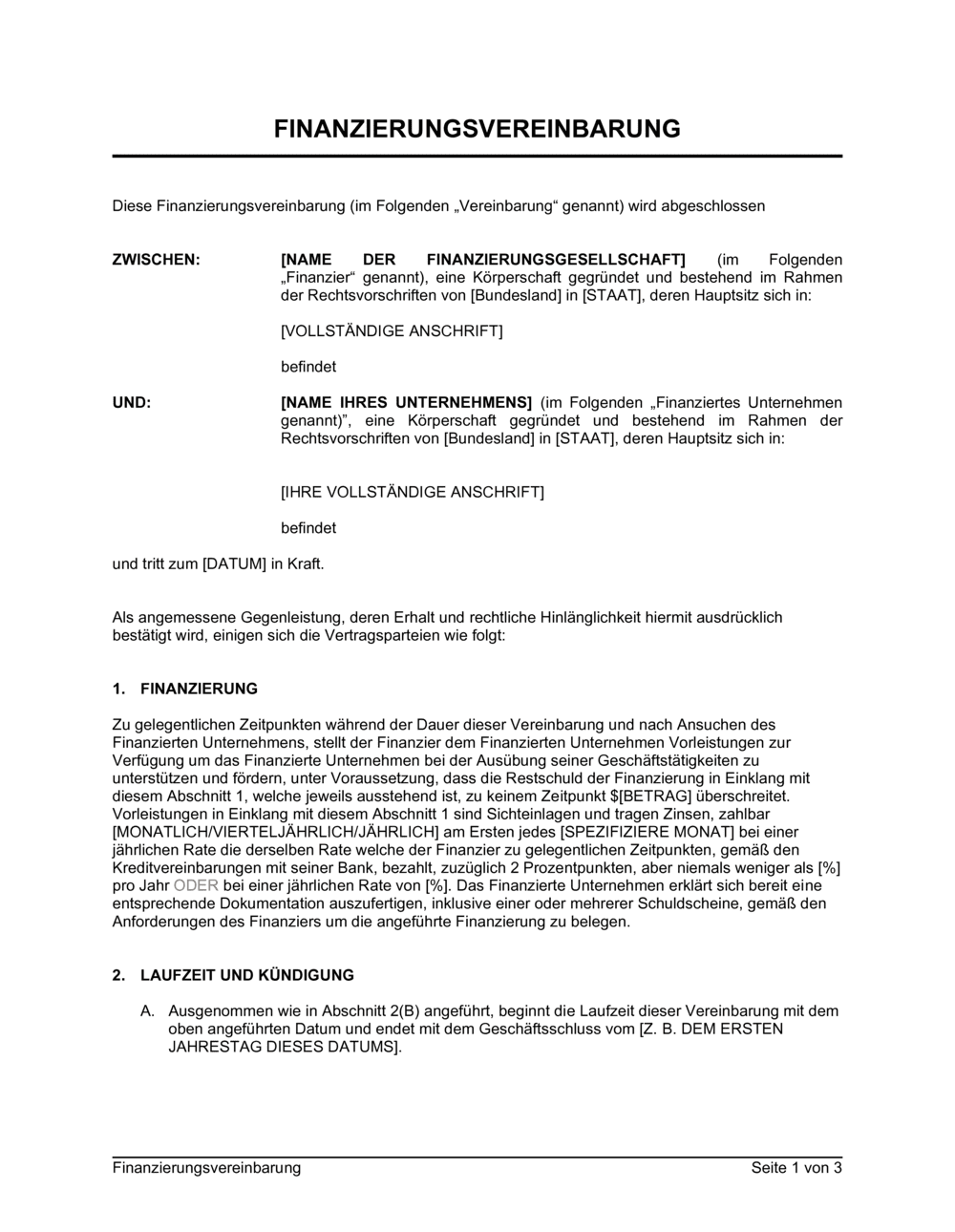 Business-in-a-Box's Finanzierungsvertrag