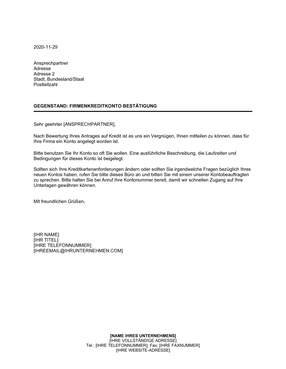 Business-in-a-Box's Firmenkreditkonto Bestätigung