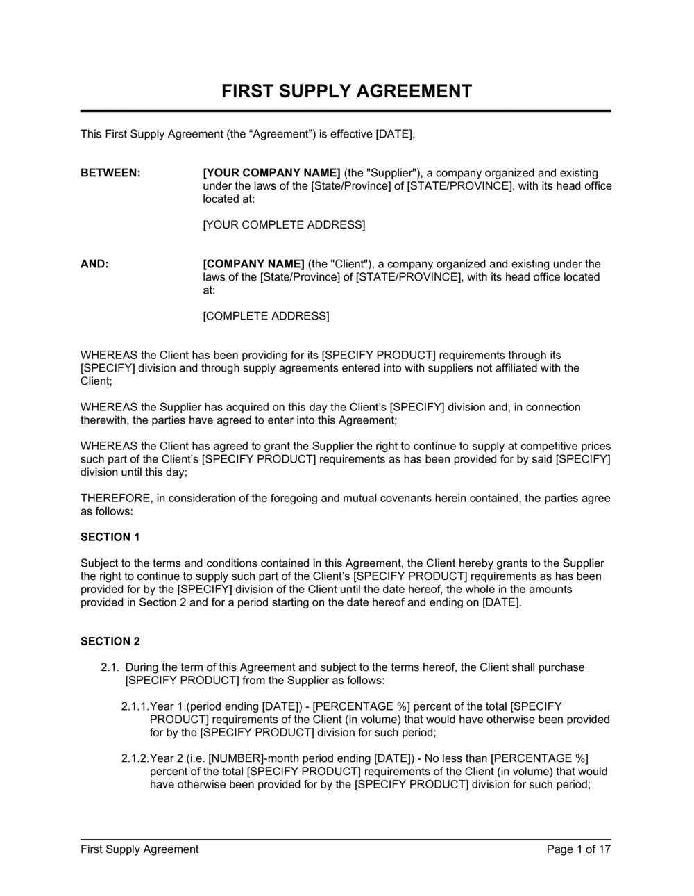 First Supply Agreement Template by Business in a Box™