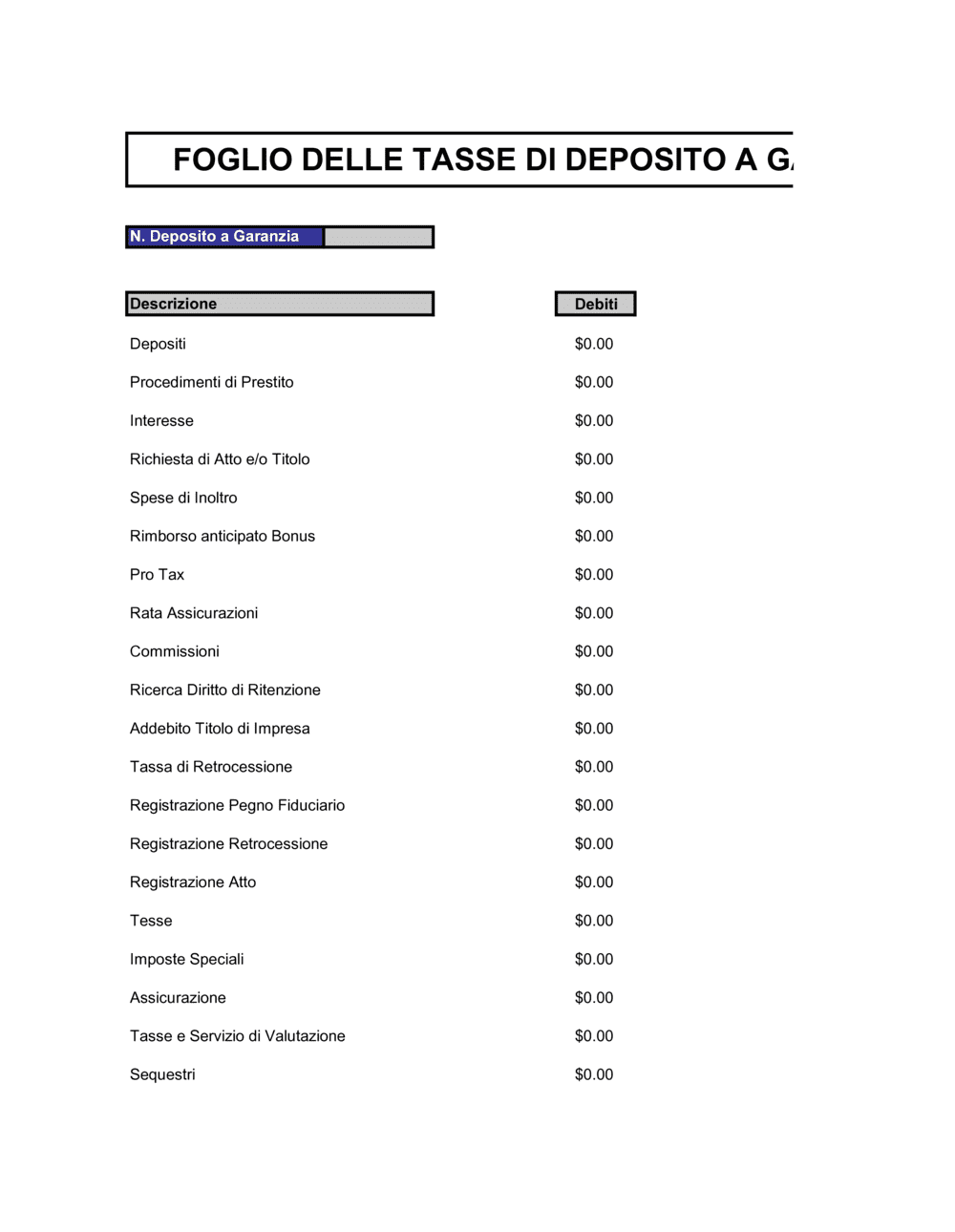 Business-in-a-Box's Foglio delle tasse di deposito a garanzia