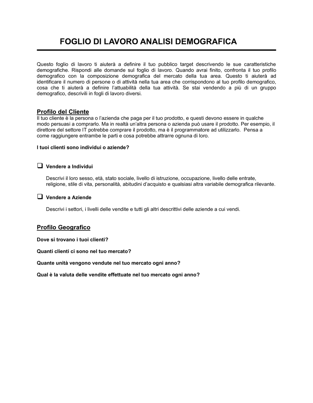 Business-in-a-Box's Foglio di lavoro Analisi demografica