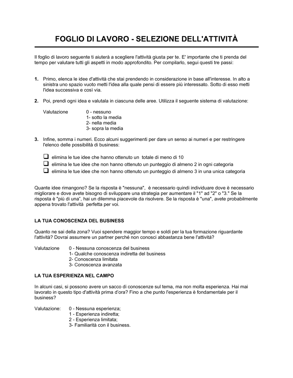Business-in-a-Box's Foglio di lavoro selezione dell'attività