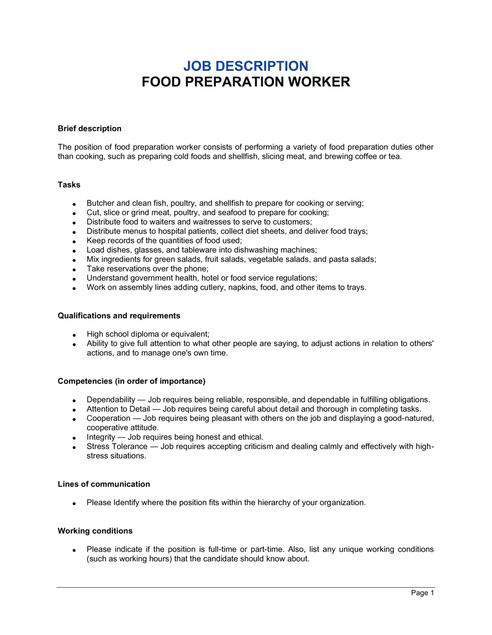 Food Preparation Worker Job Description Template By Business in a Box 