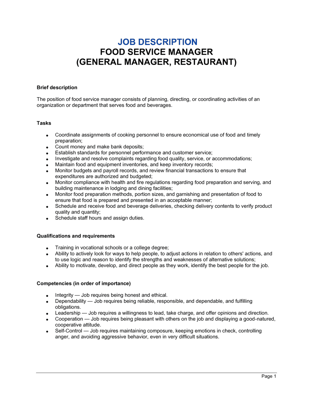 Food Service Manager General Manager Restaurant Job Description D11658 