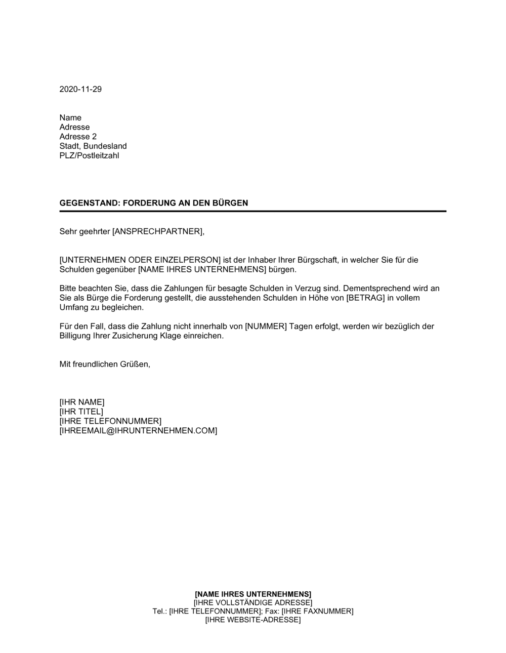 Business-in-a-Box's Forderung an den Bürgen