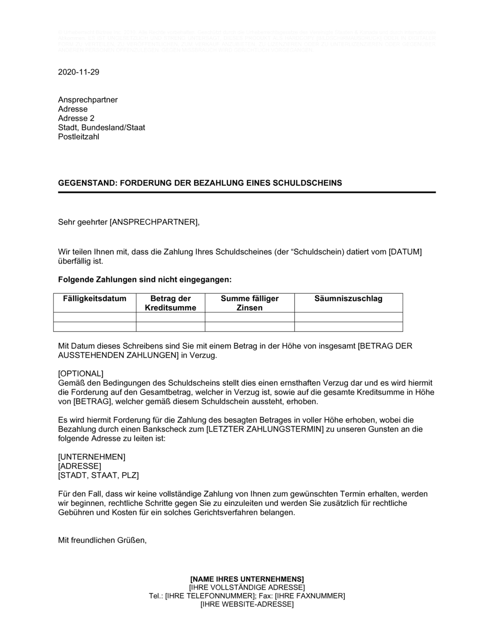 Business-in-a-Box's Forderung der Bezahlung eines Schuldscheins