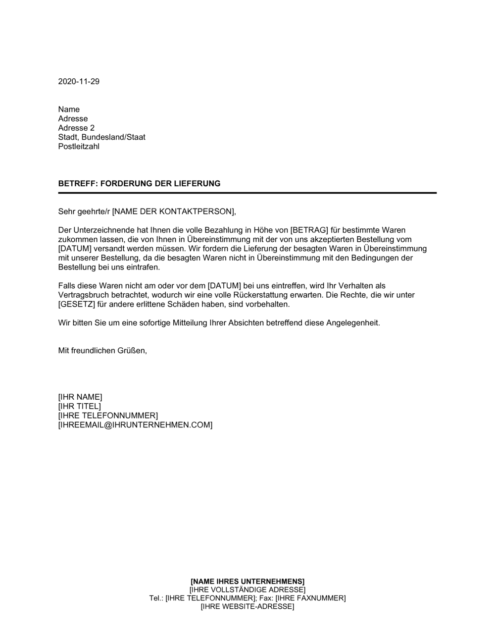 Business-in-a-Box's Forderung der Lieferung