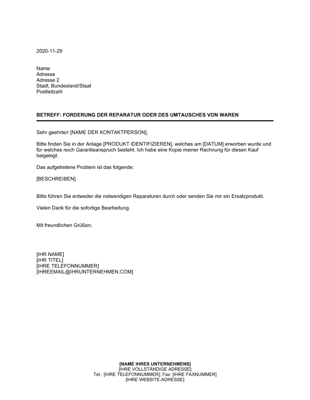 Business-in-a-Box's Forderung der Reparatur oder des Umtausches von Waren