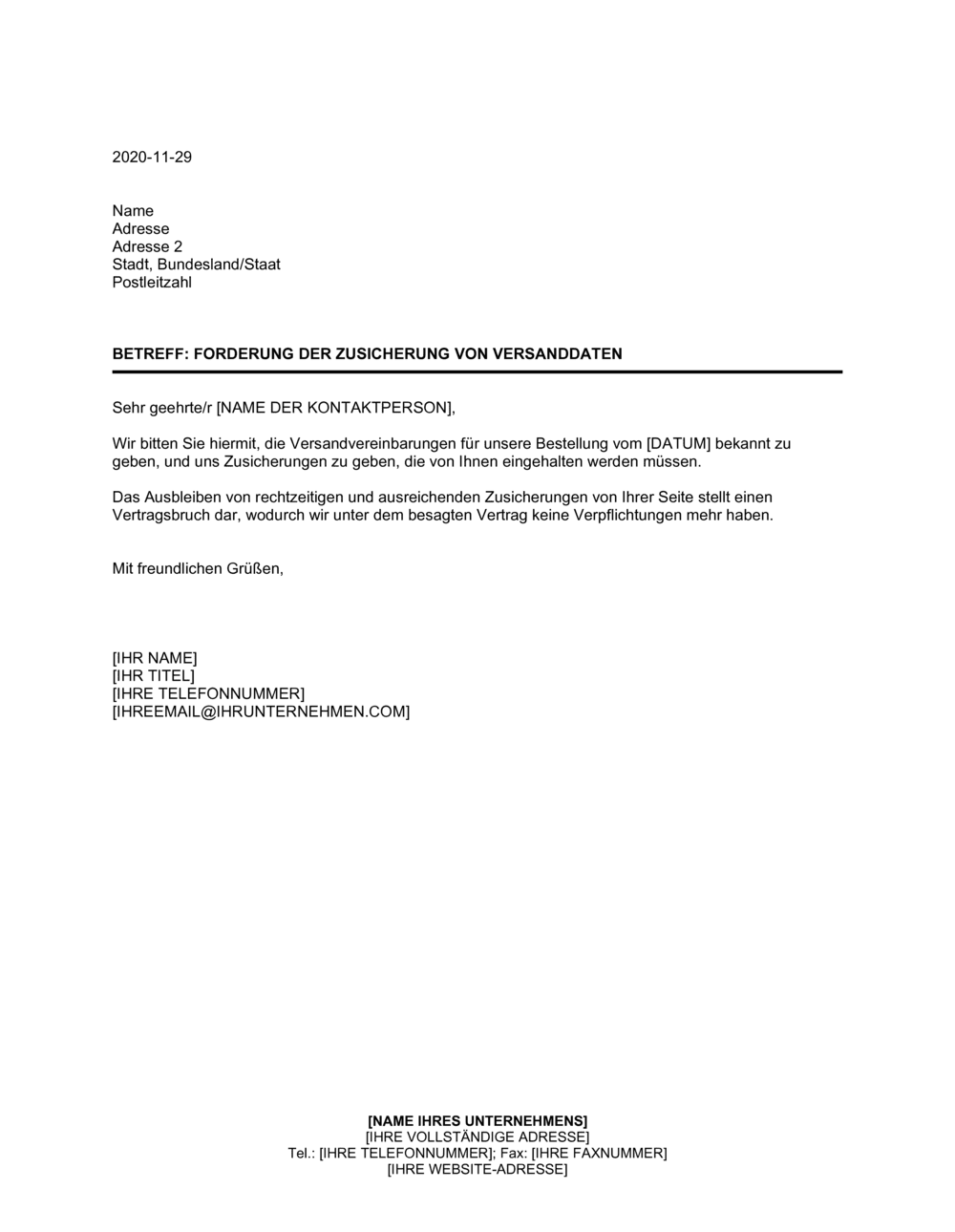 Business-in-a-Box's Forderung der Zusicherung von Versanddaten