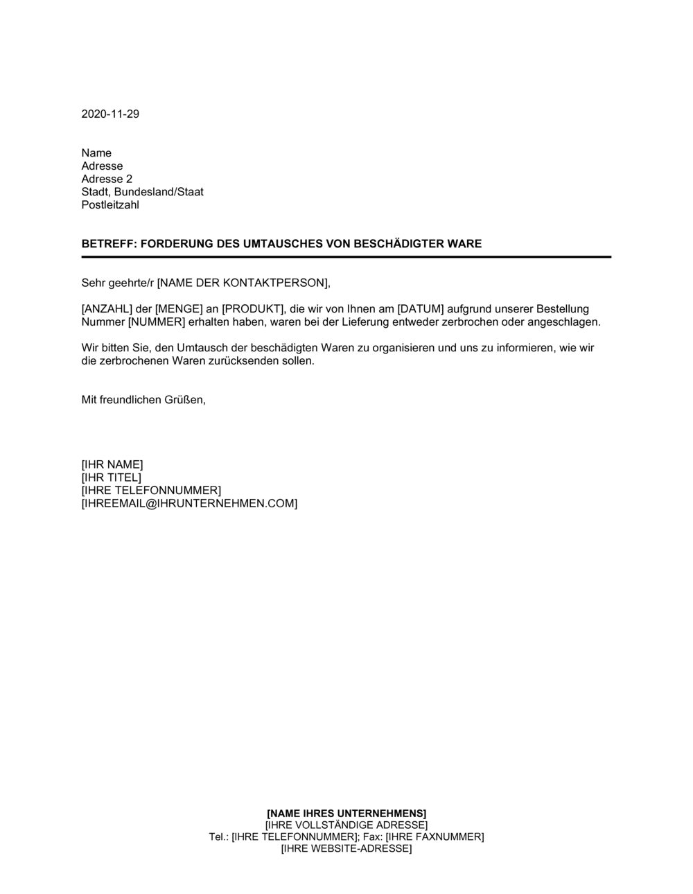 Business-in-a-Box's Forderung des Umtausches von beschädigter Waren