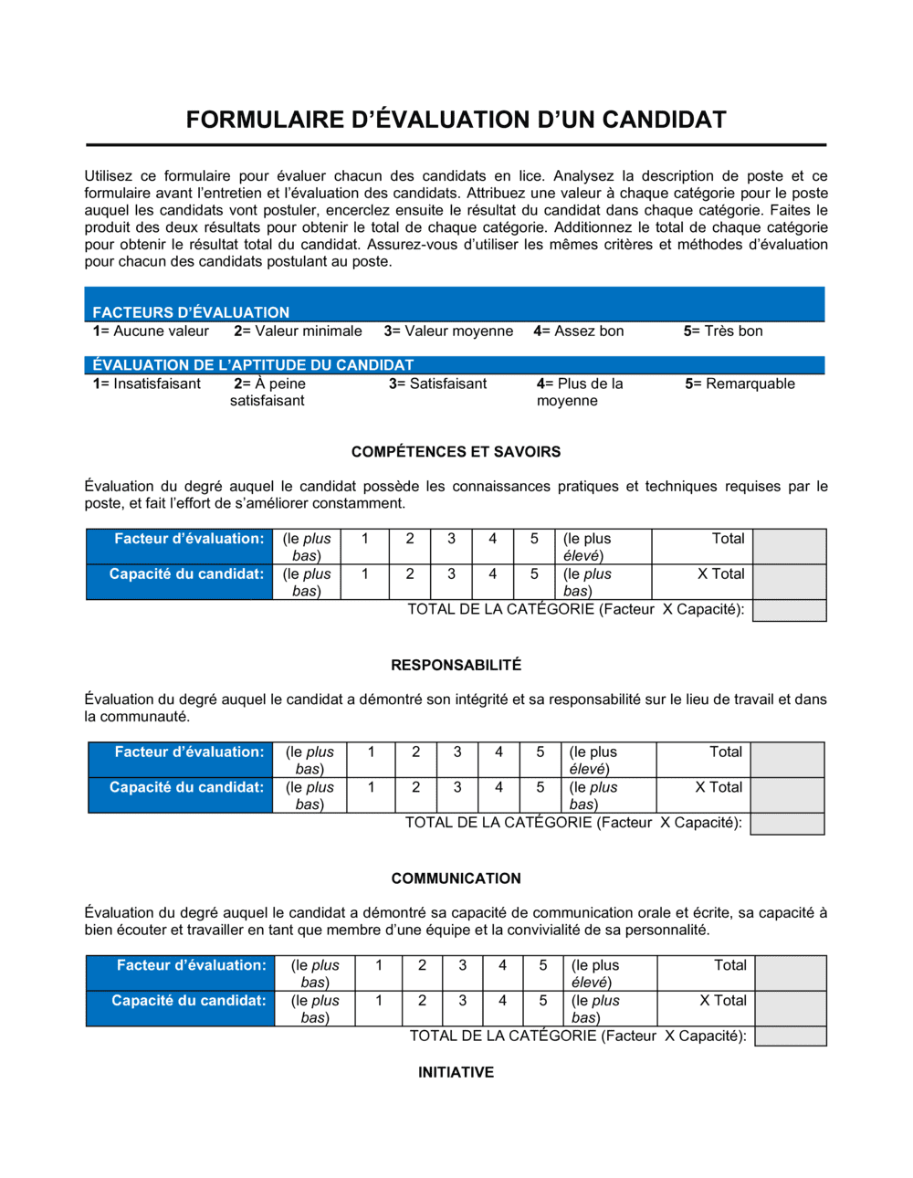 Formulaire d'évaluation d'un candidat (Word gratuit)