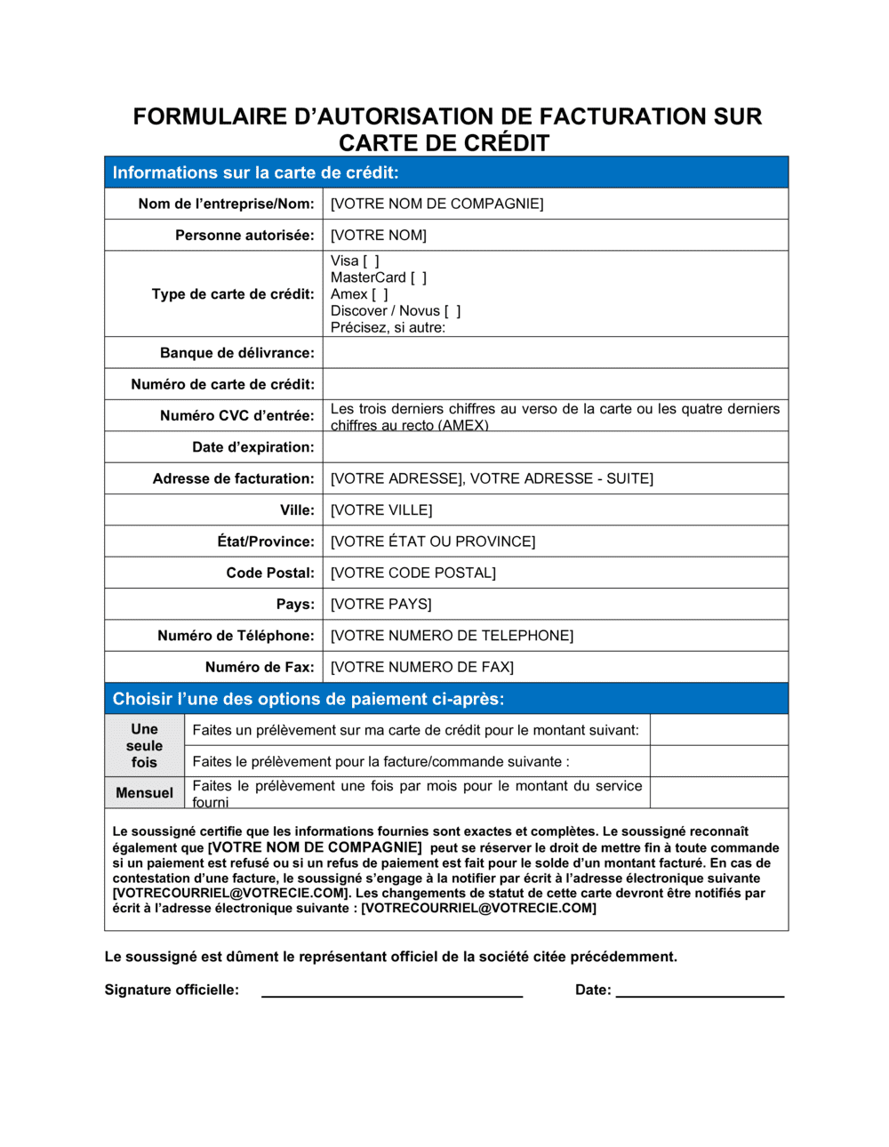 Business-in-a-Box's Formulaire d'autorisation de facturation sur carte de crédit