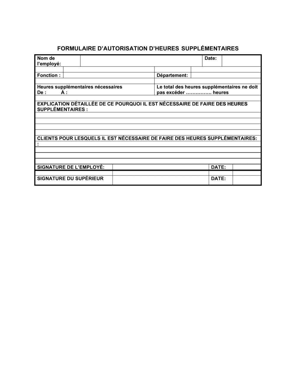 Business-in-a-Box's Formulaire d'autorisation des heures supplémentaires