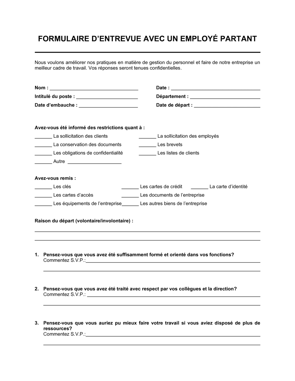 Business-in-a-Box's Formulaire d'entrevue de fin de contrat