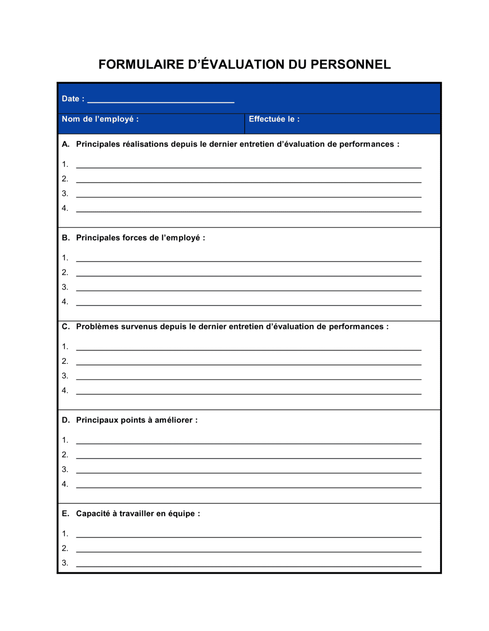 Formulaire d'évaluation du personnel