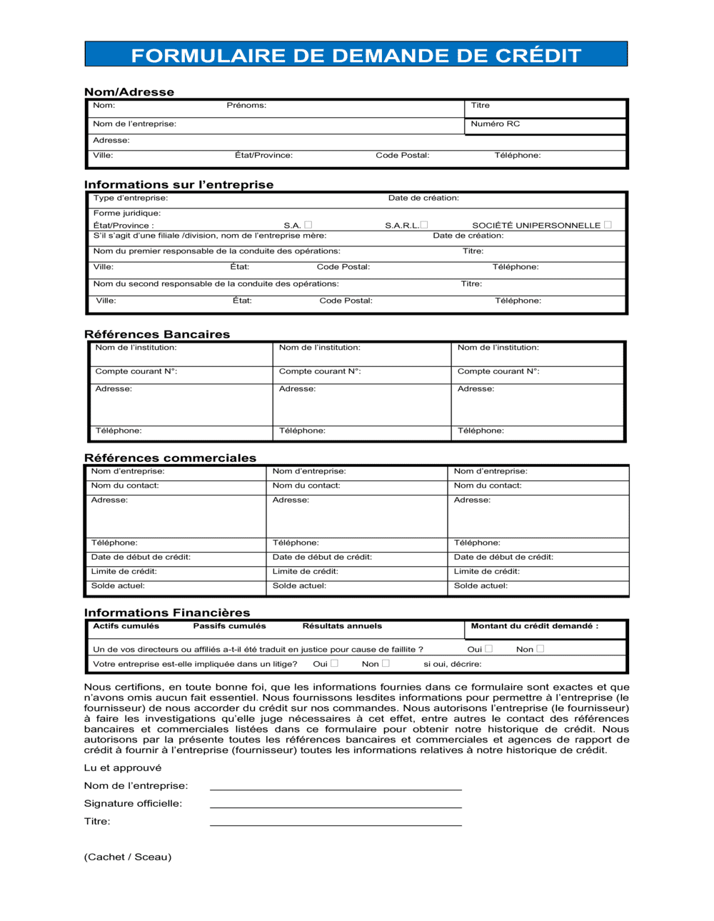 Business-in-a-Box's Formulaire de demande d'achat à crédit Entreprise