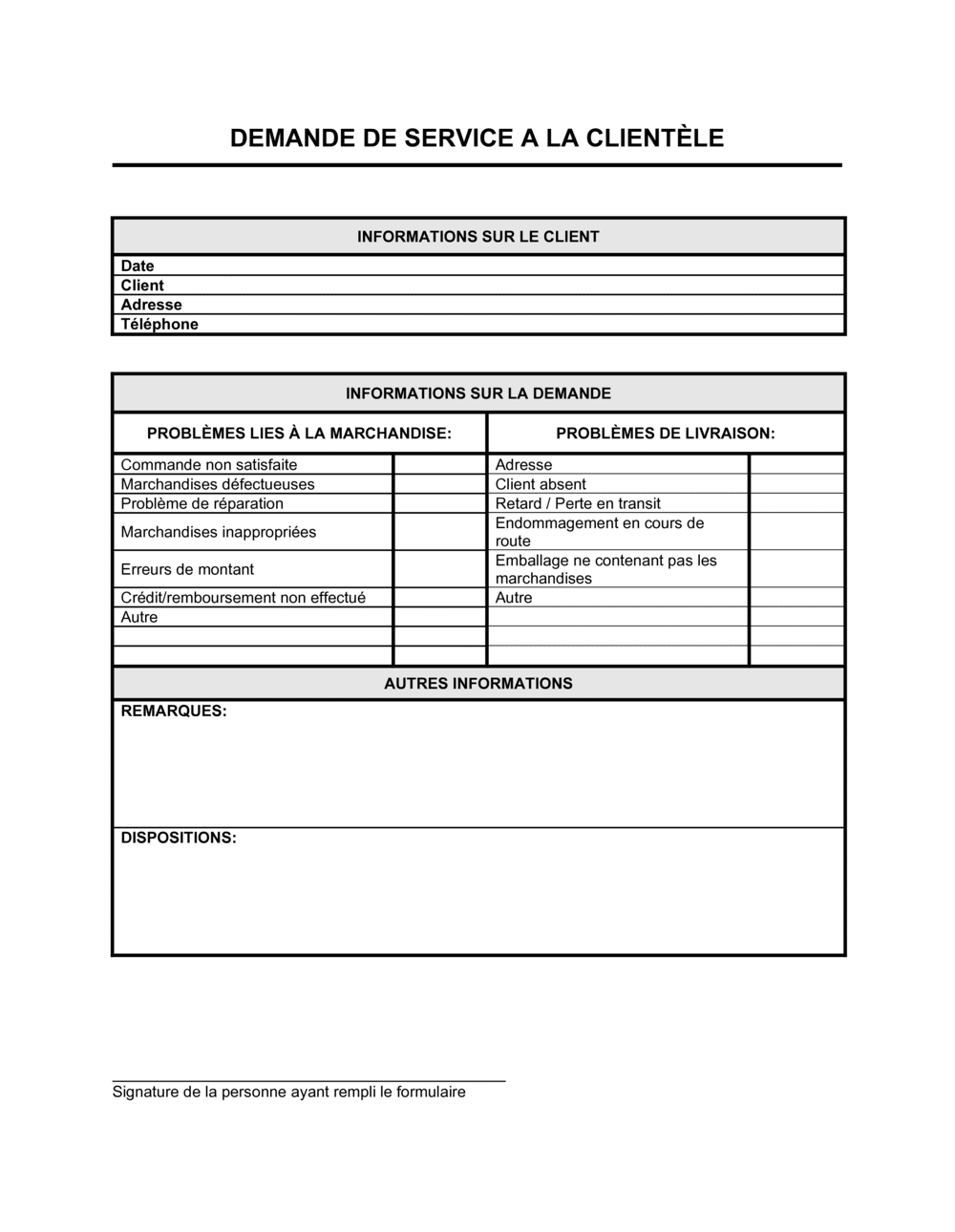 Business-in-a-Box's Formulaire de demande de service à la clientèle