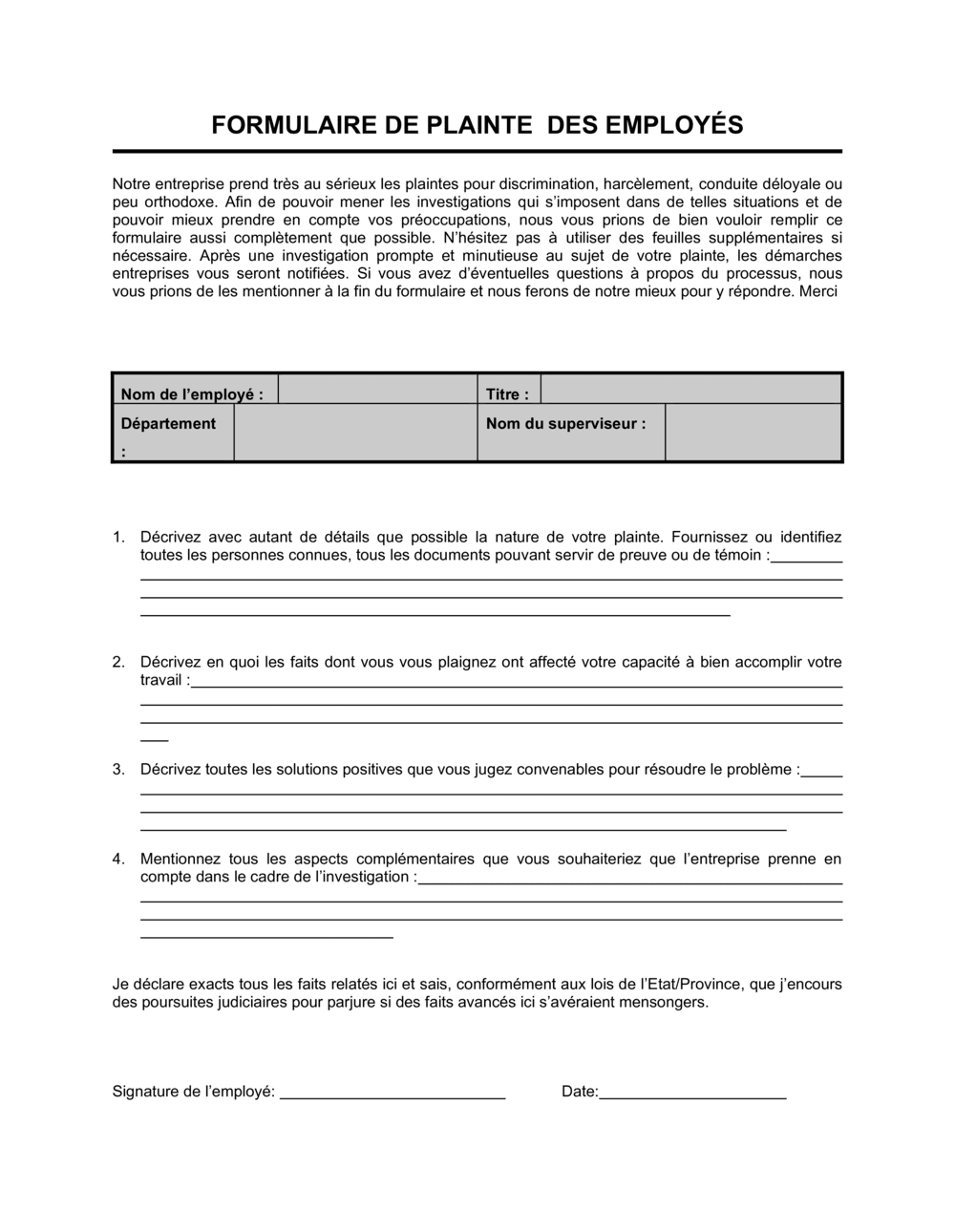 Business-in-a-Box's Formulaire de dépôt de plainte par un employé