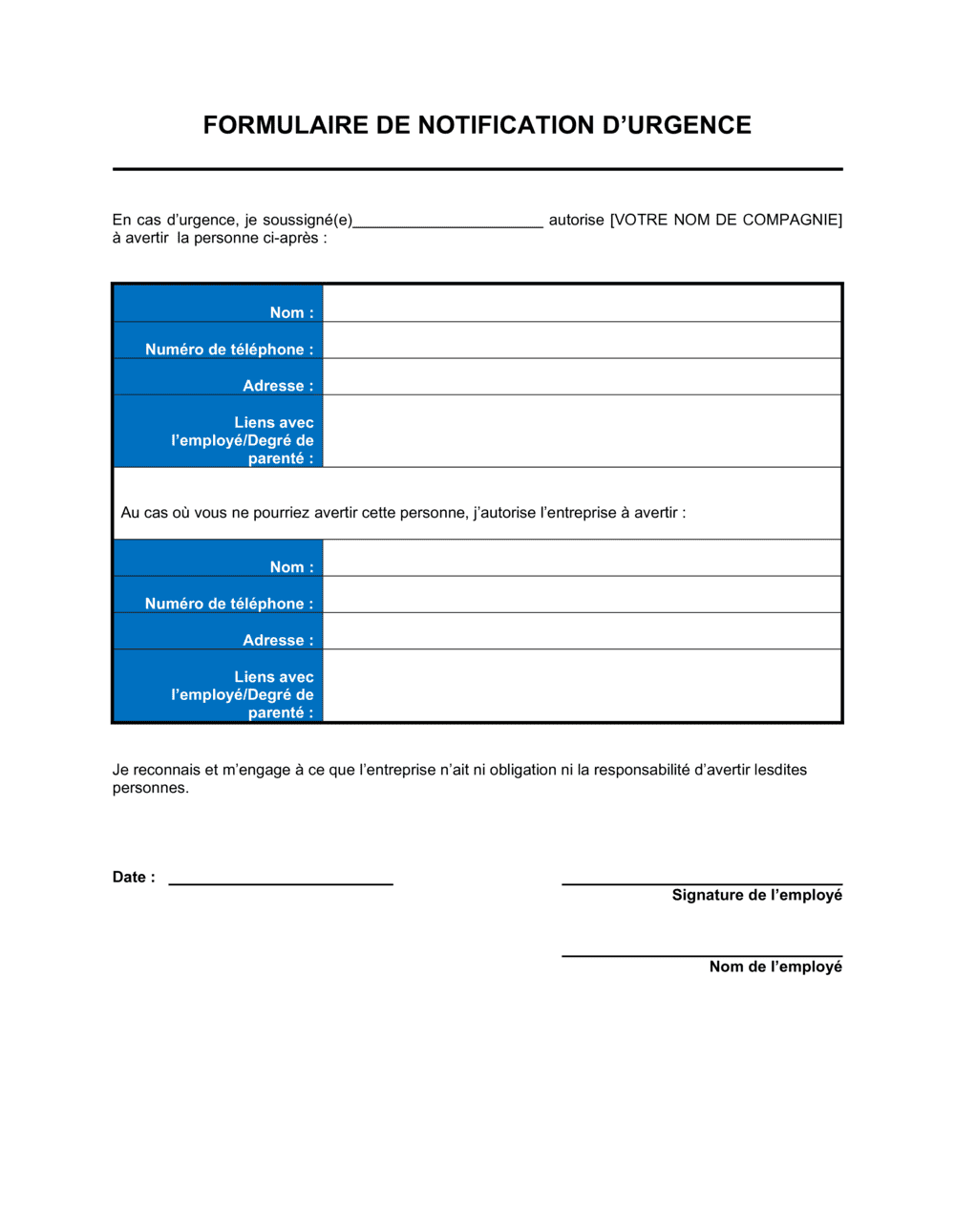 Business-in-a-Box's Formulaire de notification d'urgence des employés
