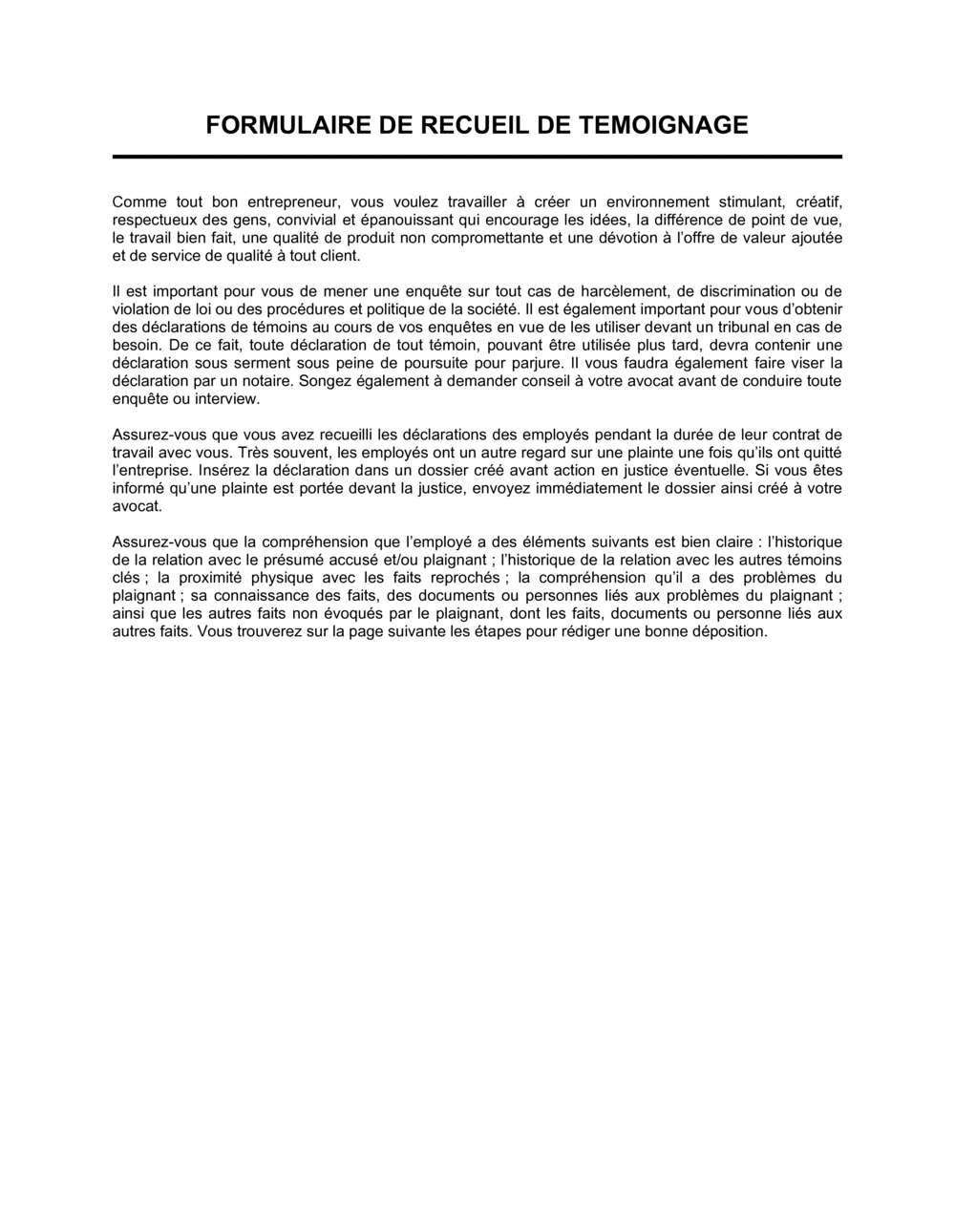 Business-in-a-Box's Formulaire de recueil de témoignage d'un employé