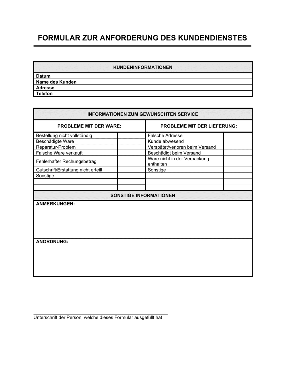 Business-in-a-Box's Formular für Anforderung des Kundendienstes