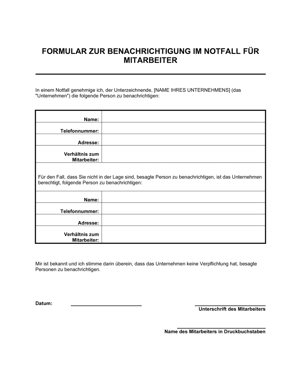 Business-in-a-Box's Formular zur Benachrichtigung im Notfall für Mitarbeiter