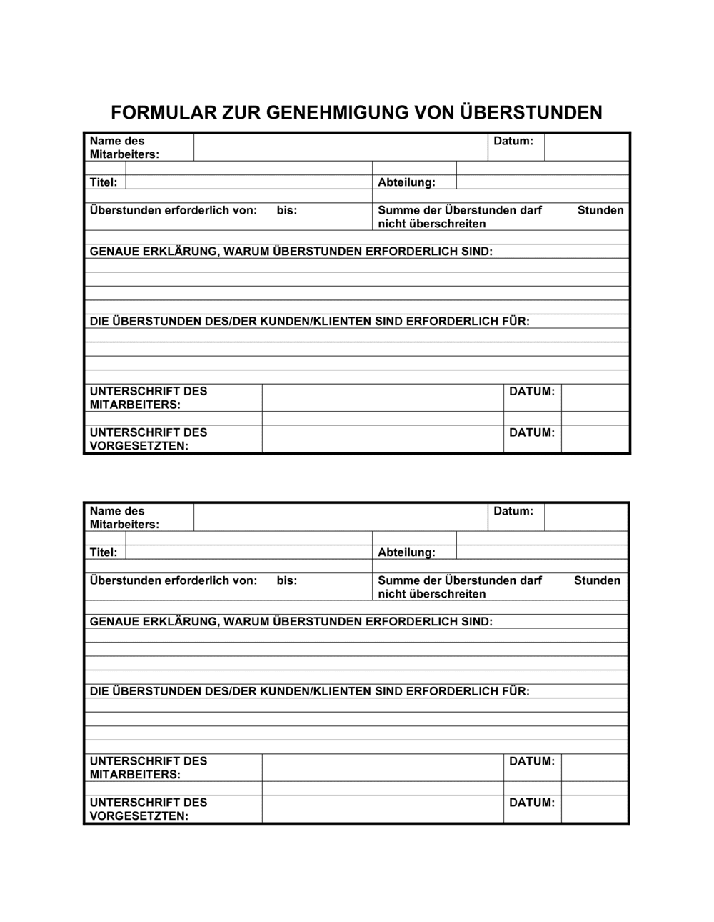 Business-in-a-Box's Formular zur Genehmigung von Überstunden