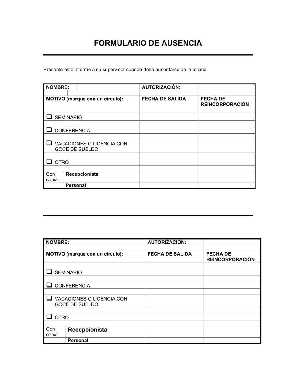 Business-in-a-Box's Formulario de ausentismo