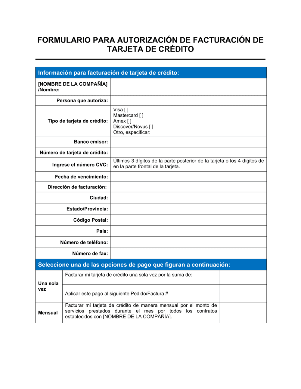 Business-in-a-Box's Formulario para autorización de facturación de tarjeta de crédito