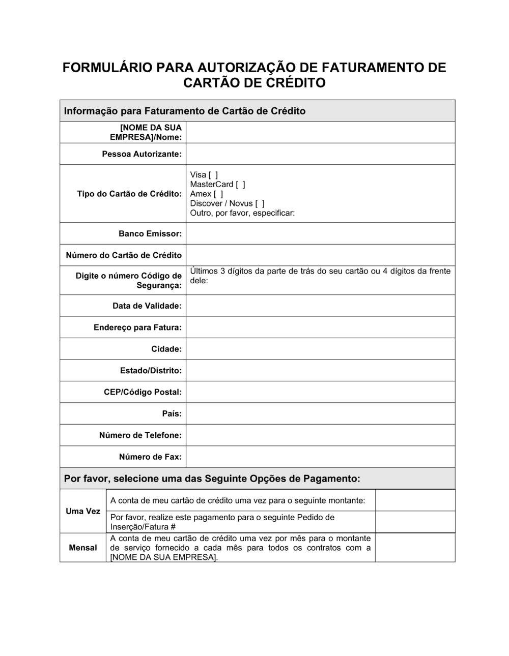 Business-in-a-Box's Formulário de Autorização de Fatura do Cartão de Crédito