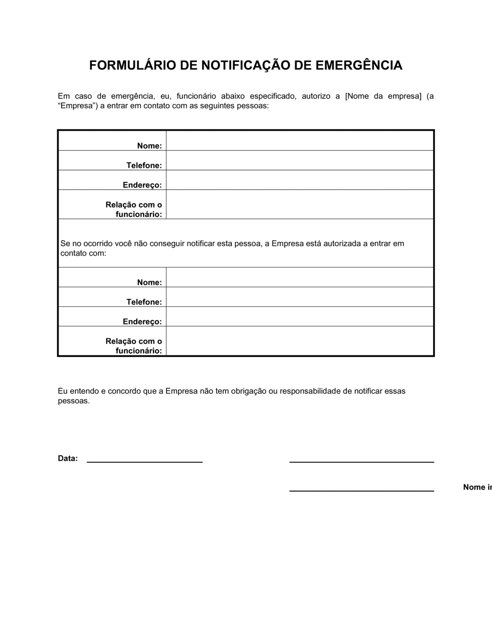 Business-in-a-Box's Formulário de Aviso de Emergência do Funcionário