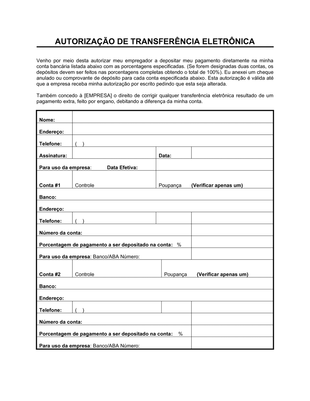 Business-in-a-Box's Formulário de Inscrição de Depósito Direto