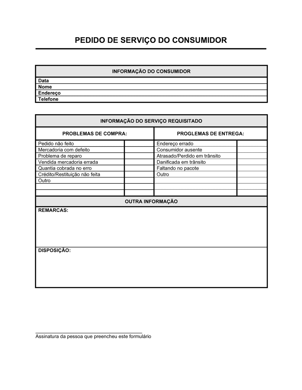 Business-in-a-Box's Formulário de Pedido de Serviço de Consumidor