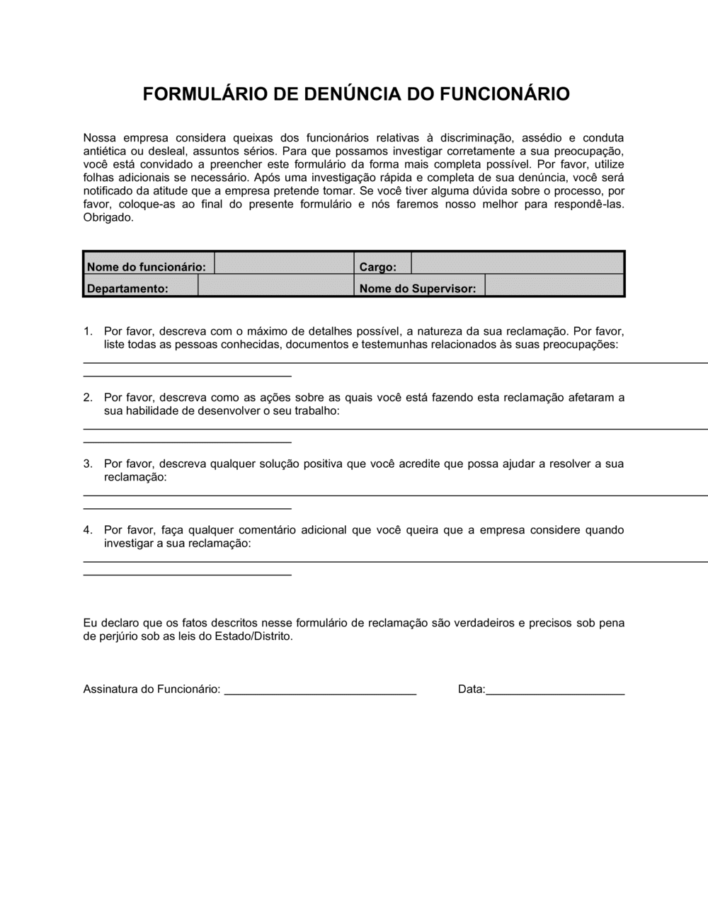 Business-in-a-Box's Formulário de Reclamação do Funcionário