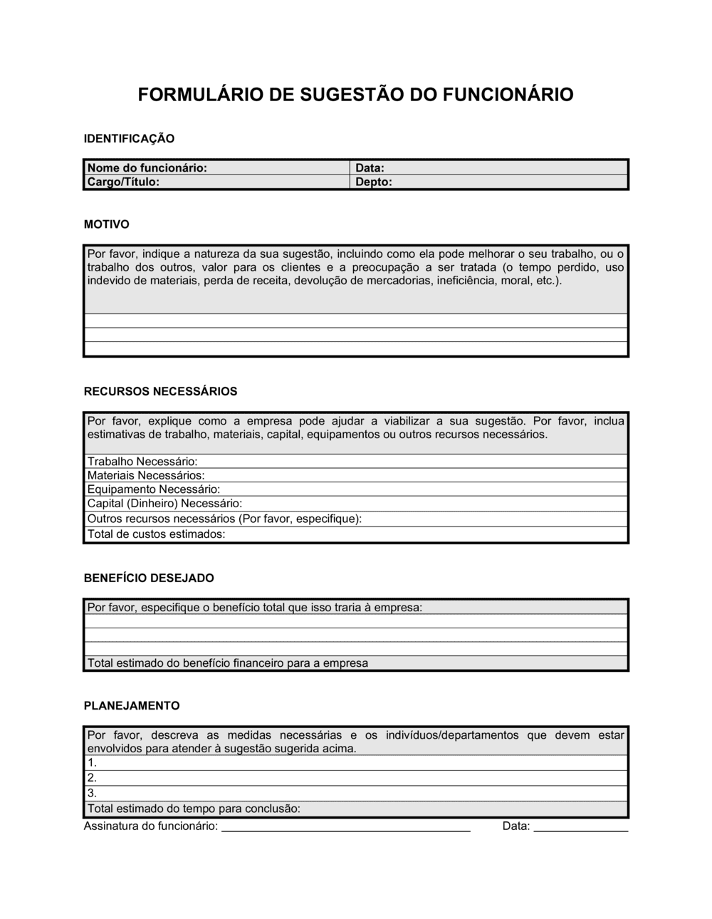 Business-in-a-Box's Formulário de Sugestão de Funcionário