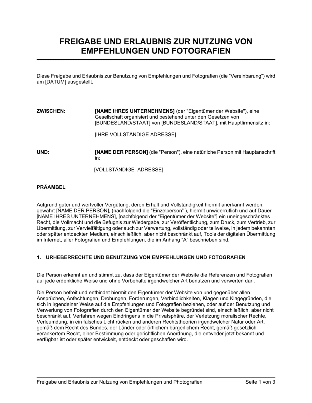 Business-in-a-Box's Freigabe und Erlaubnis zur Nutzung von Empfehlungen und Photografien