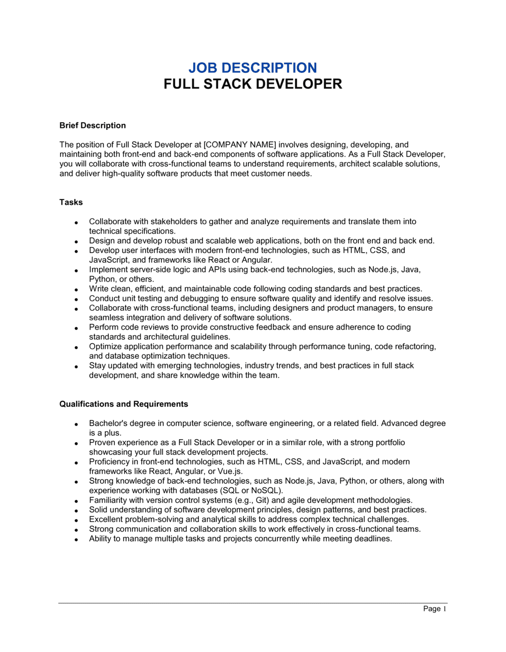 Full Stack Developer Job Description Template