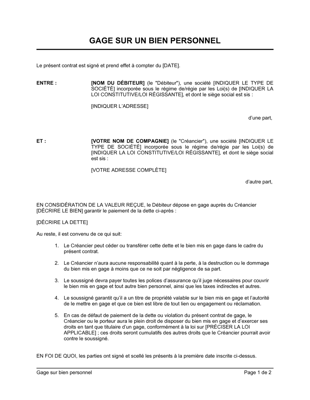 Business-in-a-Box's Gage sur un bien personnel